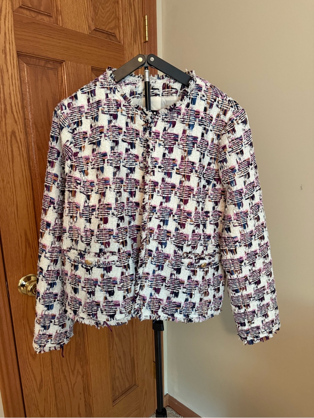 Talbots White Tweed Fringe Hem Jacket with Purple and Blue Accents